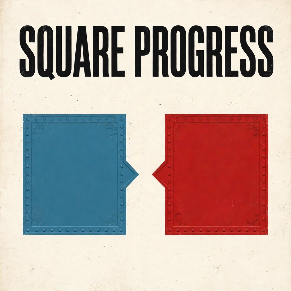 Square Progress cover art: the show title above a blue square and a red square facing each other like speech bubbles